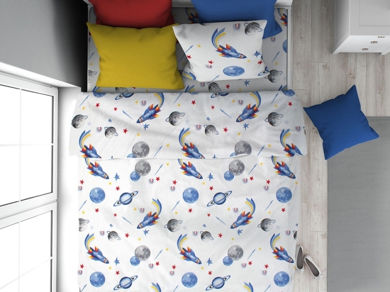 Παπλωματοθήκη Παιδική Space Mission 184 White-Blue DimCol Μονό 160x240cm 100% Βαμβάκι