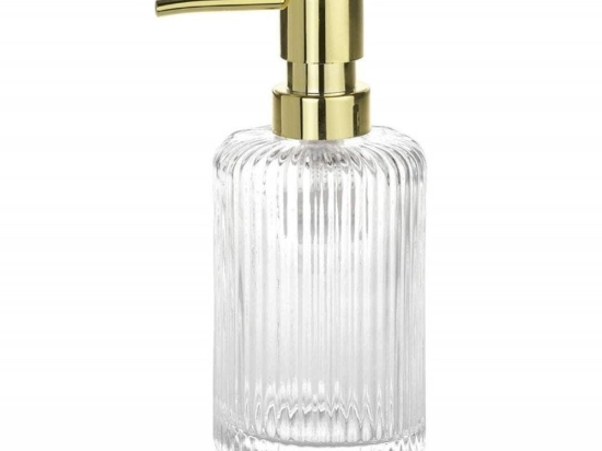Δοχείο Κρεμοσάπουνου Stripes Gold Classic AH-BA69104 Φ7x16,5cm 280ml Clear-Gold Andrea House Γυαλί