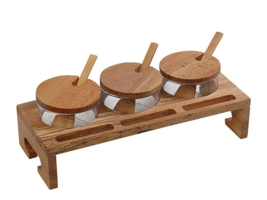 Βάση Μπαχαρικών Με Βαζάκια (Σετ 3Τμχ) KOP113 29x12x9,5cm Natural Espiel Ξύλο,Γυαλί