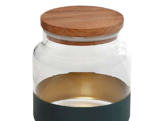 Βάζο Αποθήκευσης Με Καπάκι Alfa RAB631 635ml Φ10x11cm Green-Gold Espiel Ξύλο,Γυαλί