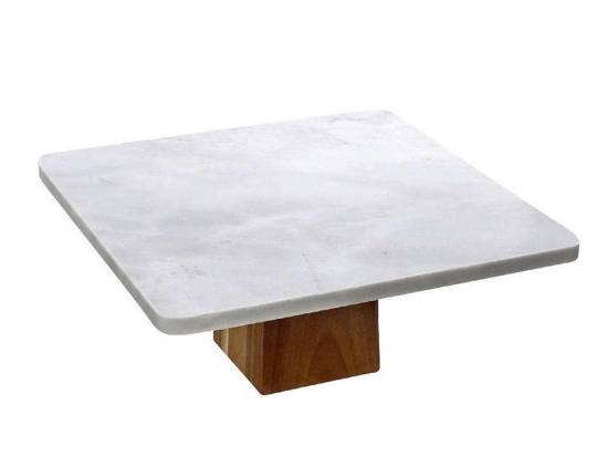 Τουρτιέρα Με Πόδι Τετράγωνη FAV240 25x25x11cm White-Natural Espiel Μάρμαρο, Ξύλο