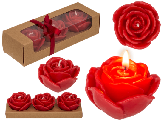 Red colored candle, rose, set of 3 pcs