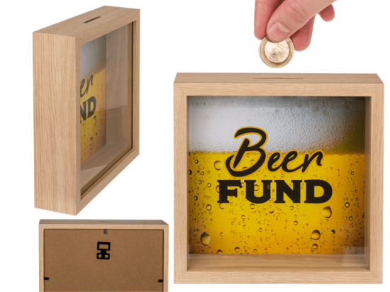 Κουμπαράς Beer Fund ξύλινης κατασκευής με μπροστινό τζάμι, 20 x 20 εκ.
