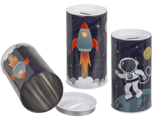 Μεταλλικός Κουμπαράς Space, 15,5 x 8 cm, με αποσπώμενο καπάκι σε 2 σχέδια