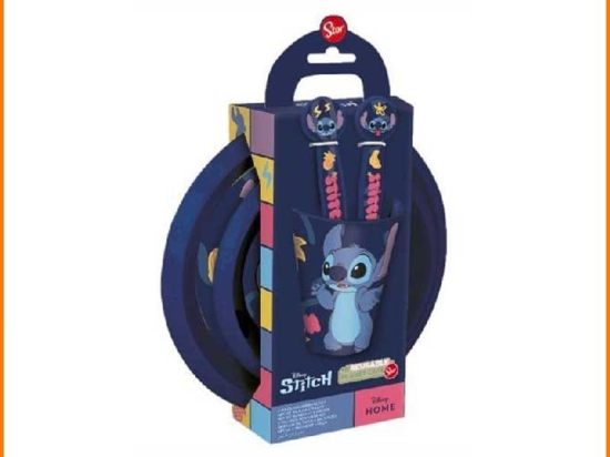 Σετ φαγητού Stitch με πιατάκια, ποτήρι, πιρούνι και κουτάλι 5τμχ