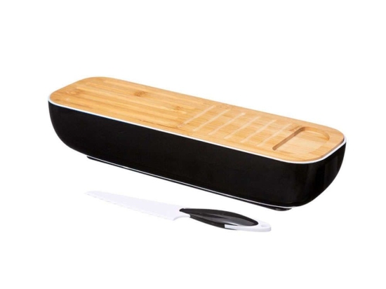 Ψωμιέρα Με Καπάκι Bamboo Και Μαχαίρι 07.167755 40x12x8.5cm Black-Natural Πλαστικό
