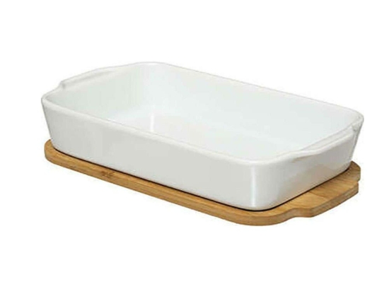 Πυρίμαχο Σκεύος Σε Βάση Bamboo 30x16cm White-Natural Κεραμικό