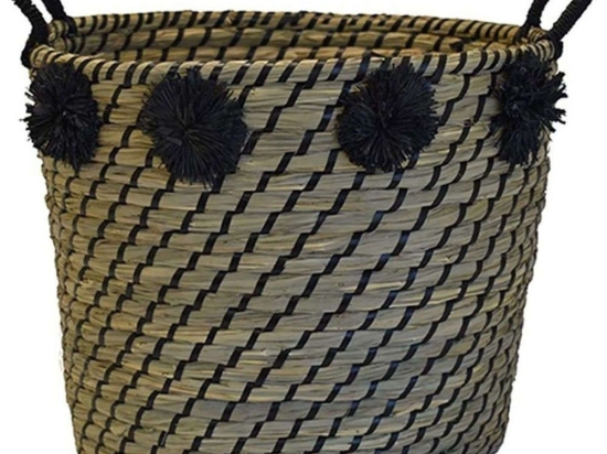 Καλάθι Με Pon Pon 00.06.67222 Φ40x32cm Natural-Black Ψάθα