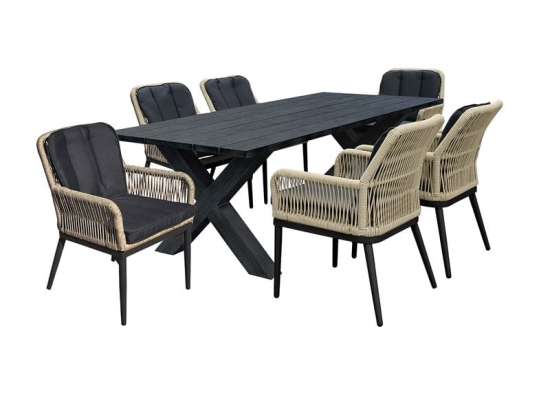 ALLEY SET ΤΡΑΠΕΖΑΡΙΑ ALU ΑΝΘΡΑΚΙ-ROPE ΦΥΣΙΚΟ: ΤΡΑΠΕΖΙ 180X94 + 6 ΠΟΛΥΘΡΟΝΕΣ ΜΕ ΜΑΞΙΛ