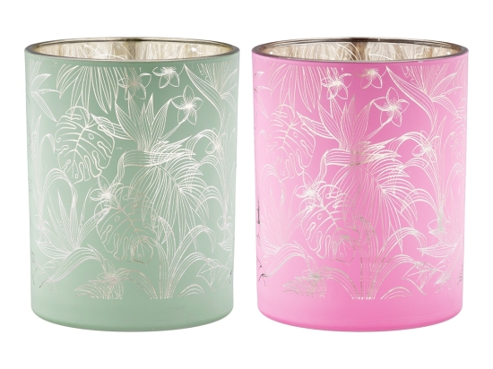ΦΑΝΑΡΙ ΚΑΤΑΙΓΙΔΑΣ CYLINDRICAL "TROPIC" LEAF MOTIF ΓΥΑΛΙΝΟ ΠΡΑΣΙΝΟ PINK PU PCS. ASSORTED H. 125 CM D. 10 CM