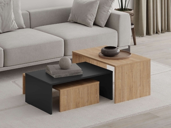 ΤΡΑΠΕΖΑΚΙ ΣΑΛΟΝΙΟΥ ΣΕΤ 3 ΤΜΧ. KANTA MEGAPAP ΧΡΩΜΑ SAPPHIRE OAK - SILKY BLACK 80X50X40,5ΕΚ.