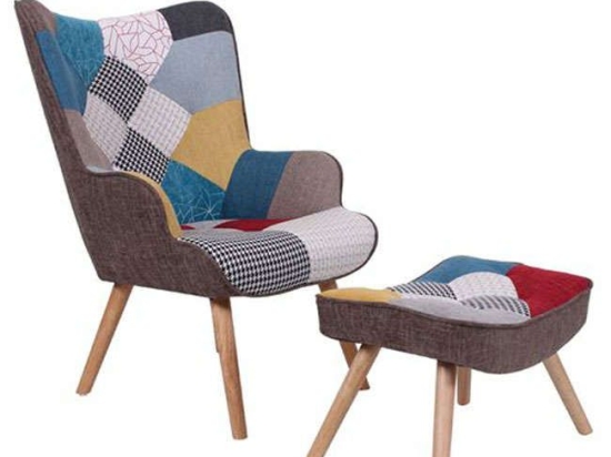Πολυθρόνα Με Σκαμπώ Maron ΕΜ143,4W Patchwork Ξύλο,Ύφασμα