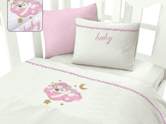 Bonsai Home Σετ Σεντόνια Βρεφικά με Κέντημα 120×160 - Cloud Bear Pink