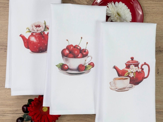 Borea Ποτηρόπανα Κουζίνας Cherry Σετ 3ΤΜΧ (3) 50 x 70 cm Λευκό