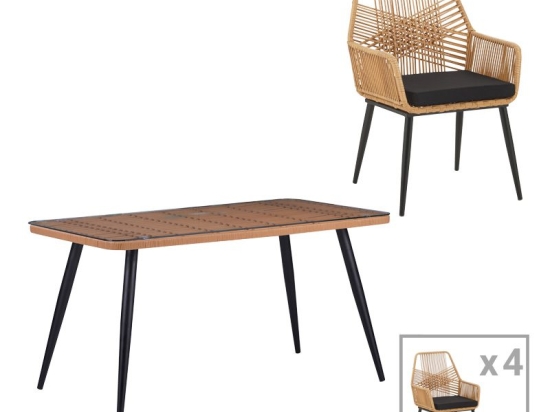 Τραπεζαρία Naoki-Tanish σετ 5 τεμ pakoworld γυάλινο- pe rattan σε φυσική απόχρωση με μαυρα πόδια 140x80x78εκ