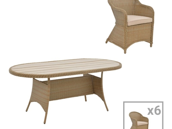 Tραπεζαρία Hadrian-Keir pakoworld σετ 7τεμ καφέ rattan-μπεζ textilene-καφέ αλουμίνιο 180x90x72εκ