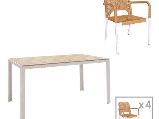 Τραπεζαρία Nares-Norture A σετ 5τεμ pakoworld λευκό αλουμίνιο και plywood σε φυσική απόχρωση 140x80x72.5εκ