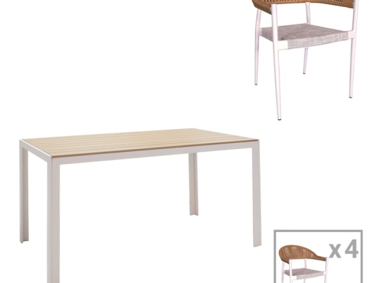 Τραπεζαρία Nares-Elation σετ 5τεμ pakoworld λευκό αλουμίνιο και plywood σε φυσική απόχρωση 140x80x72.5εκ