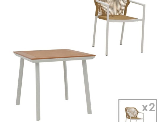 Τραπεζαρία Synergy-Lush σετ 3τεμ pakoworld λευκό αλουμίνιο και plywood σε φυσικό χρώμα 80x80x74εκ