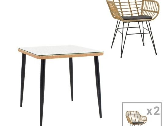 Τραπεζαρία Naoki V σετ 3τεμ pakoworld rattan pe σε φυσική απόχρωση και μαύρο μέταλλο 80x80x78εκ