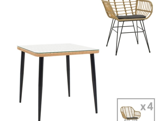 Τραπεζαρία Naoki V σετ 5τεμ pakoworld rattan pe σε φυσική απόχρωση και μαύρο μέταλλο 80x80x78εκ