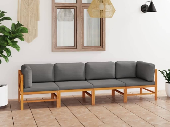 Καναπές κήπου τετραθέσιος από μασίφ ξύλο teak με γκρι μαξιλάρια 258x66x60 εκ