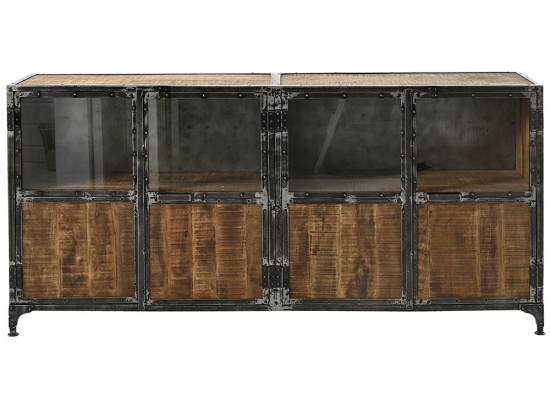 Industrial μεταλλικός μπουφές με ξύλο mango και γυαλί 202x40x102 εκ
