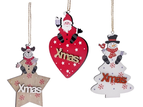Χριστουγεννιάτικα ξύλινα στολίδια Xmas σε τρία σχήματα σετ δώδεκα τεμαχίων 9x13 εκ