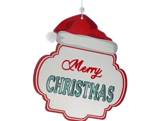 Ξύλινο κρεμαστό διακοσμητικό Merry Christmas με σκούφο σετ των έξι τεμαχίων 18x16 εκ