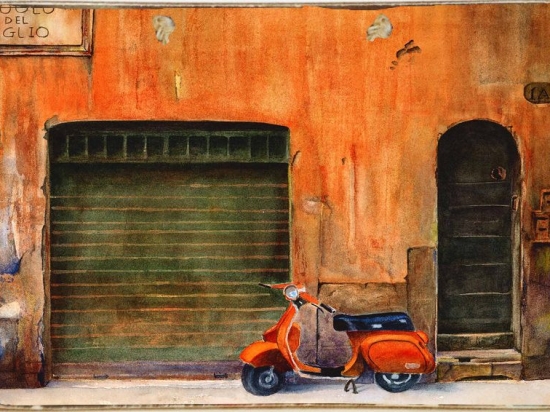 Orange vespa ξύλινος πίνακας χειροποίητος