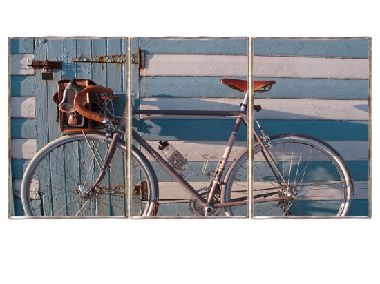 Bicycle at the beach τρίπτυχος ξύλινος πίνακας χειροποίητος