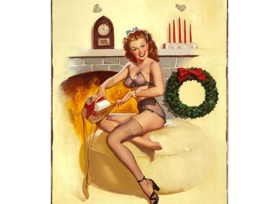 Pin-up holiday girl vintage Χριστουγεννιάτικο ξύλινο πινακάκι