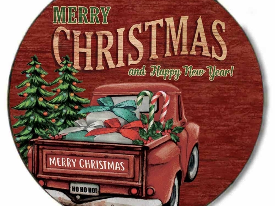 Merry Christmas ξύλινο χειροποίητο στρογγυλό πινακάκι χριστουγεννιάτικο με χριστουγεννιάτικα δέντρα