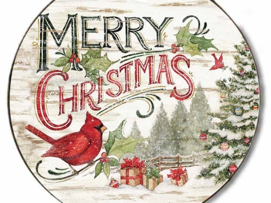 Merry Christmas ξύλινο χειροποίητο στρογγυλό πινακάκι με χιονισμένο χριστουγεννιάτικο τοπίο
