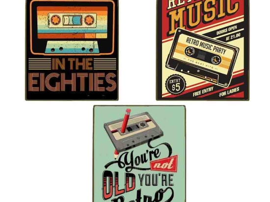Retro music σετ τριών τεμαχίων από ξύλινους χειροποίητους πίνακες