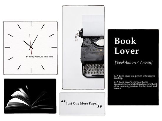 Booklover διακοσμητική σύνθεση με τέσσερις ξύλινους χειροποίητους πίνακες και ένα ρολόι τοίχου