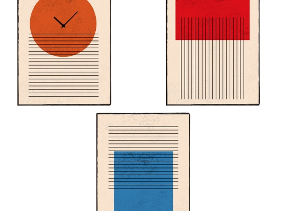 Geometric διακοσμητική σύνθεση τοίχου με δύο ξύλινους χειροποίητους πίνακες και ένα ρολόι σε δύο διαστάσεις
