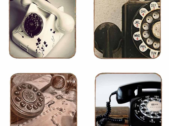 Σουβέρ ξύλινα χειροποίητα vintage telephones σετ 4 τεμάχια