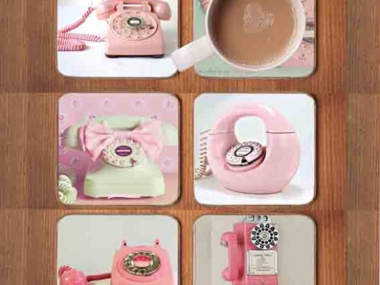 Σουβέρ ξύλινα χειροποίητα retro pink telephones σετ 6 τεμάχια