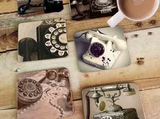 Σουβέρ ξύλινα χειροποίητα vintage phones σετ 6 τεμάχια