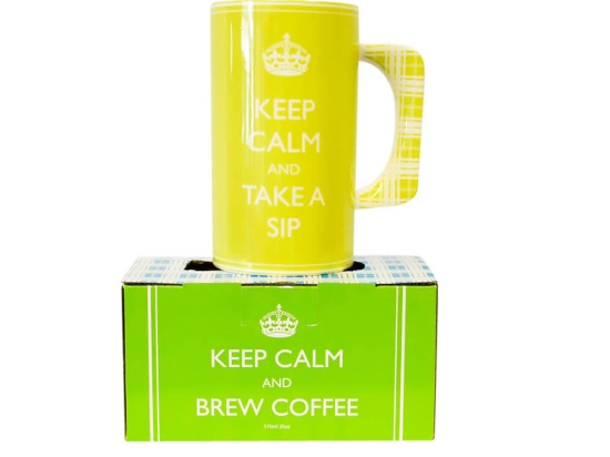 Retro κίτρινη μεγάλη κούπα για καφέ με μήνυμα Keep calm and take a sip 8x15 εκ