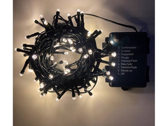 100 LED λαμπάκια μπαταρίας με πρόγραμμα σε πράσινο καλώδιο IP44 και θερμό λευκό φως 5μ