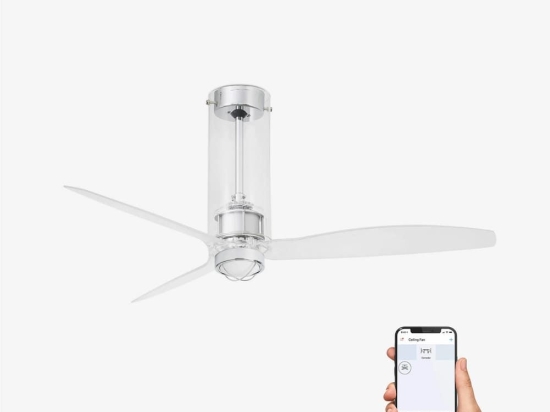 Ανεμιστήρας Οροφής Tube 33374WP-9 Smart Fan Με Φως Led 16W 3000K Και Τηλεχειριστήριο D128cm Shiny Chrome-Transparent Faro Barcelona