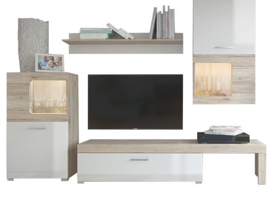 Σύνθετο σαλονιού Annalie pakoworld LED sonoma-λευκό gloss 215x39x180εκ