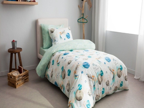 Σεντόνια Παιδικά Space (Σετ 3τμχ) White-Blue Vesta Home Μονό 100% Βαμβάκι