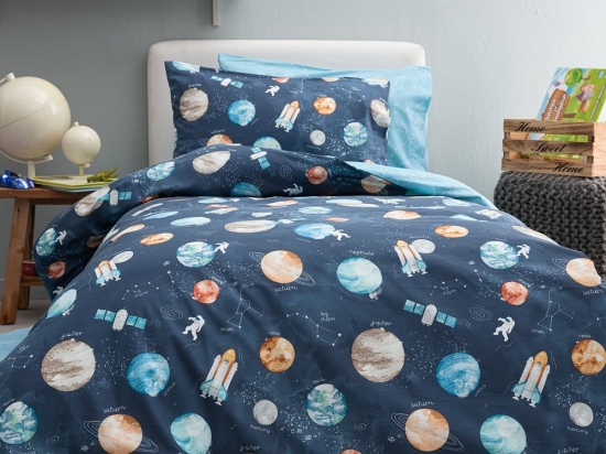 Σεντόνια Παιδικά Planet Με Λάστιχο (Σετ 3τμχ) Blue Vesta Home Μονό 100x225cm 100% Βαμβάκι