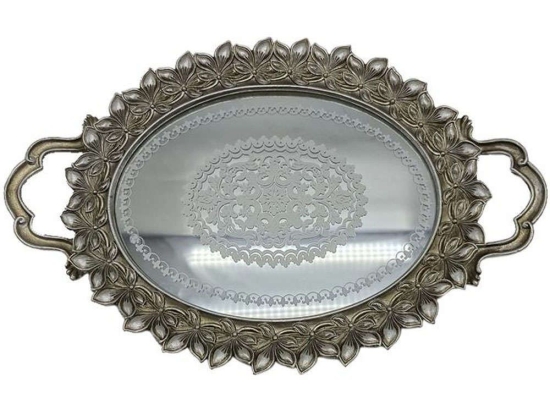 Διακοσμητικός Δίσκος Με Καθρέπτη Flower 279-222-157 40x25x4cm Silver Πολυρεσίνη