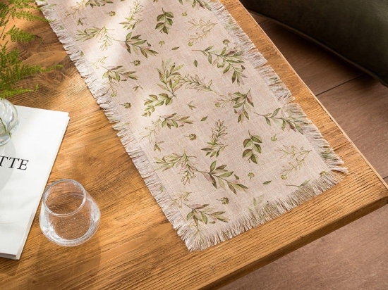 Runner Feuille 358 Beige-Green Gofis Home 28x120 Λινό-Πολυέστερ