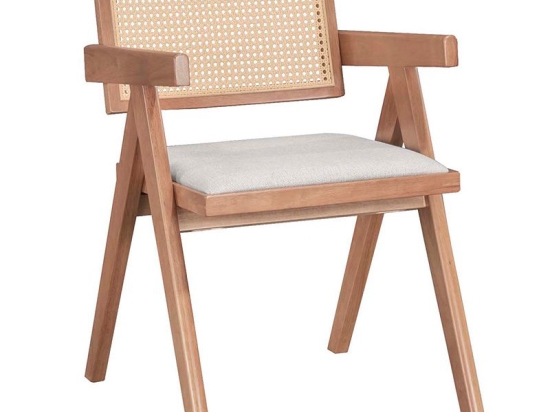 Πολυθρόνα Winslow pakoworld ξύλο rubberwood ανοικτό καρυδί-pvc rattan φυσικό-ύφασμα γκρι Σετ 2 Τεμαχίων