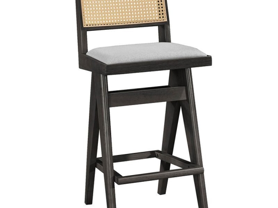 Σκαμπό bar Winslow pakoworld ξύλο rubberwood μαύρο-pvc rattan φυσικό-ύφασμα γκρι 44.5x46x98εκ Σετ 2 Τεμαχίων